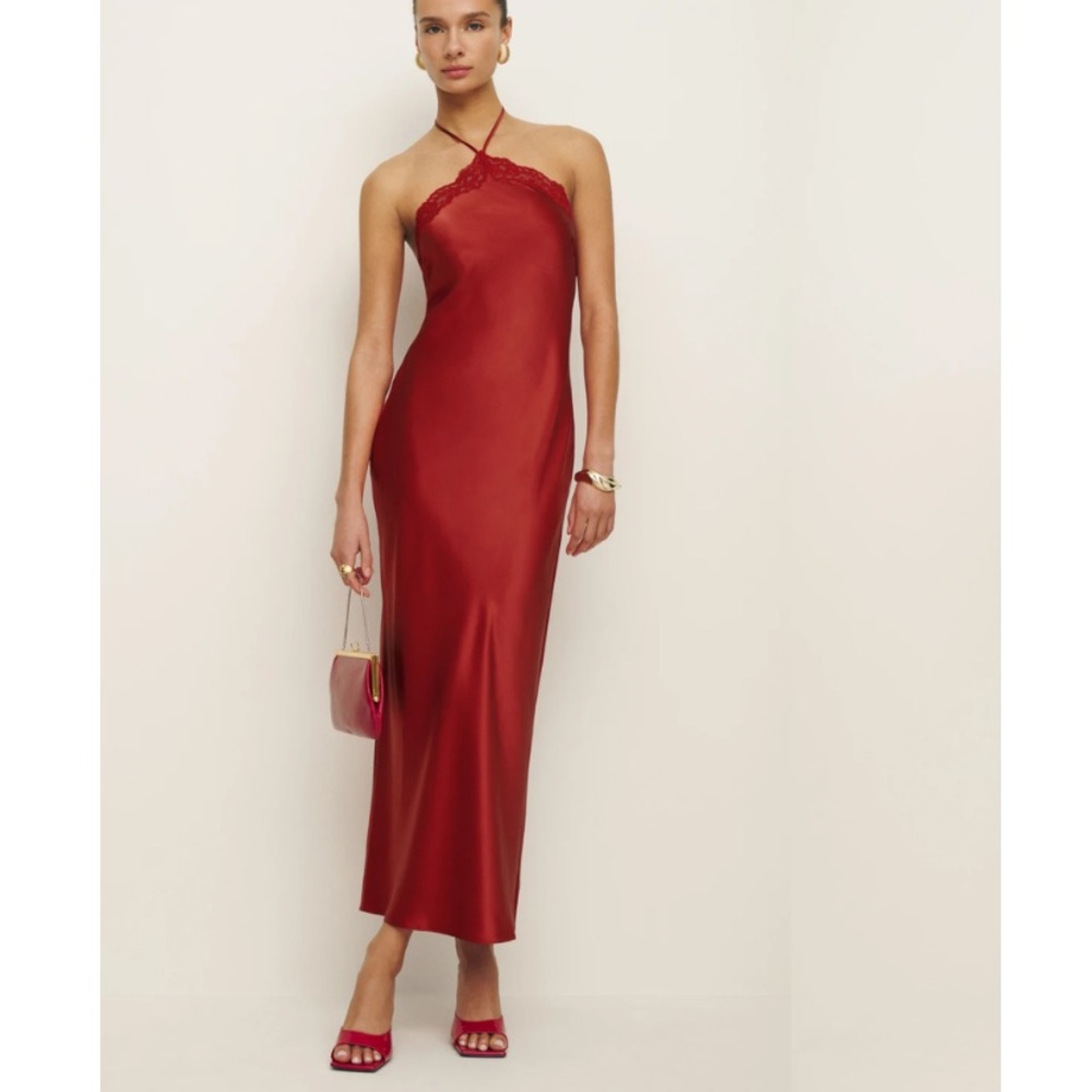 Reformation Satin Halter Maxi Dress in Ruby Red